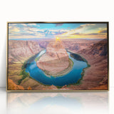 Large art print of the Grand Canyon in a gold-framed acrylic, featuring mid-century modernist style.