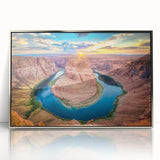 Mid-century modernist art of the Grand Canyon in muted earth tones on a silver-framed acrylic print.