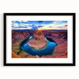 Colorful art print of Horseshoe Bend in Arizona, featuring vibrant blue and orange hues on a large textured canvas.