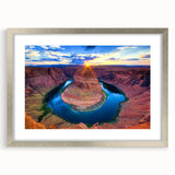 Textured art print of Horseshoe Bend in Arizona, featuring earthy tones on a silver-framed mat, suitable for bedroom decor.
