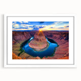 Abstract art print of Horseshoe Bend, Arizona in muted earth tones on a framed white mat, ideal for dining room decor.