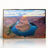 Acrylic print of Horseshoe Bend in Arizona, with vibrant sunset colors, framed in gold, suitable for modern art wall decor.