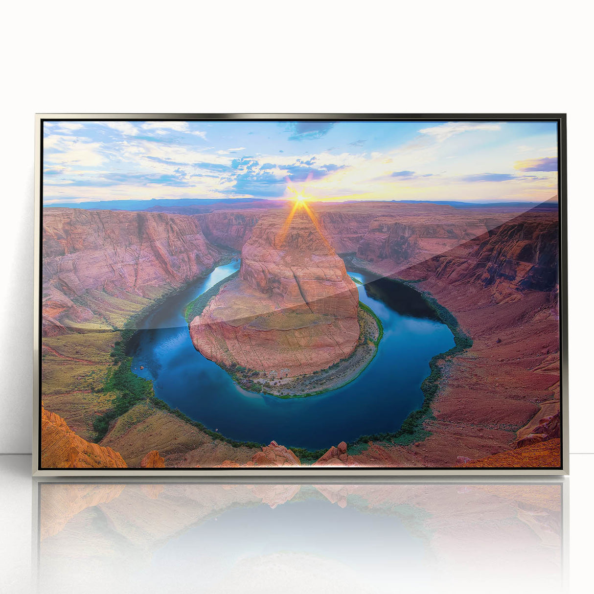 Mid-century modernist art depicting Horseshoe Bend in Arizona, featuring earthy tones on a framed acrylic print.