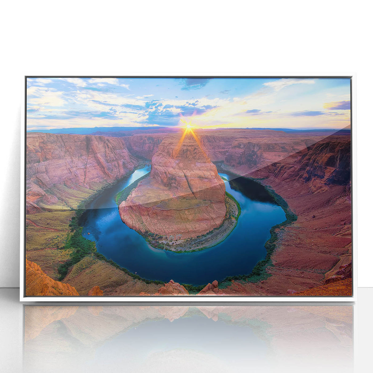 Modern art acrylic print of Horshoe Bend, Arizona, in muted earth tones, framed in white, suitable for nursery wall art.