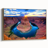 Framed canvas of Horseshoe Bend with golden hues, ideal for bedroom wall art.