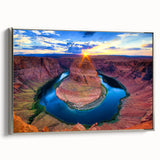 Framed canvas of Horseshoe Bend, Arizona landscape art with muted earth tones, ideal for living room decor.
