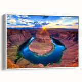 Vintage poster art of Horseshoe Bend, Arizona, in vibrant colors on a large framed canvas, ideal for living room decor.