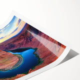 Extra large wall art depicting Horseshoe Bend in Arizona with bright blue skies, ideal for large living room decor.