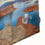 Large abstract wall art of Lake Powell in muted blue and gray tones on acrylic glass, ideal for dining room ambiance.