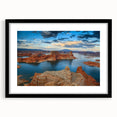 Extra large, textured abstract art print of Arizona's Lake Powell in vibrant, colorful hues on a black framed canvas.
