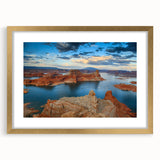 Extra large wall art featuring an abstract depiction of Arizona's Lake Powell, in a gold frame, ideal for living room decor.