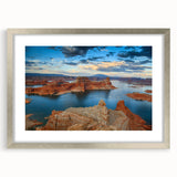 Textured art depicting Lake Powell with abstract design in blue and gray tones, framed in silver, ideal for bedroom art.