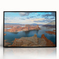 Large abstract wall art of Lake Powell with muted earth tones on a framed acrylic, ideal for modern living room decor.