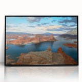 Large abstract wall art of Lake Powell with muted earth tones on a framed acrylic, ideal for modern living room decor.