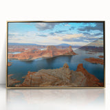 Mid-century modernist art of Lake Powell in Arizona, featuring muted earth tones on a framed acrylic.