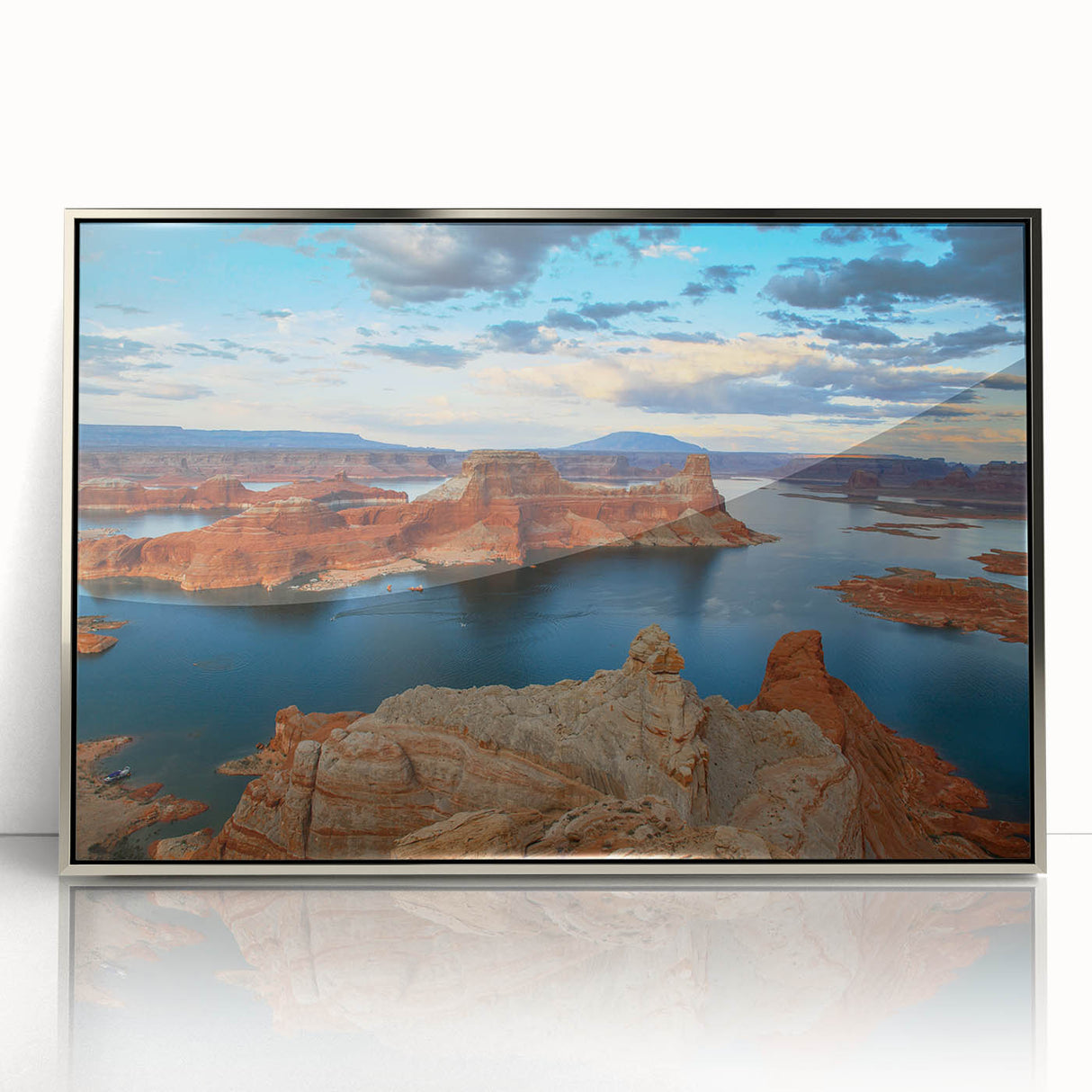 Mid-century modernist art of Lake Powell in muted earth tones on a framed acrylic, suitable for modern art wall decor.