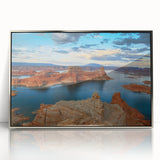 Mid-century modernist art of Lake Powell in muted earth tones on a framed acrylic, suitable for modern art wall decor.