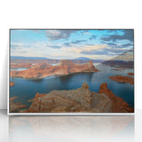 Art deco poster of Lake Powell, USA, in muted blue and white tones on framed acrylic, suitable for modern art wall decor.