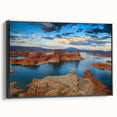Black and white framed canvas of Lake Powell landscape, ideal for bedroom wall art.