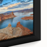 Extra large framed canvas featuring a textured depiction of Lake Powell, Arizona in black with colorful art accents.