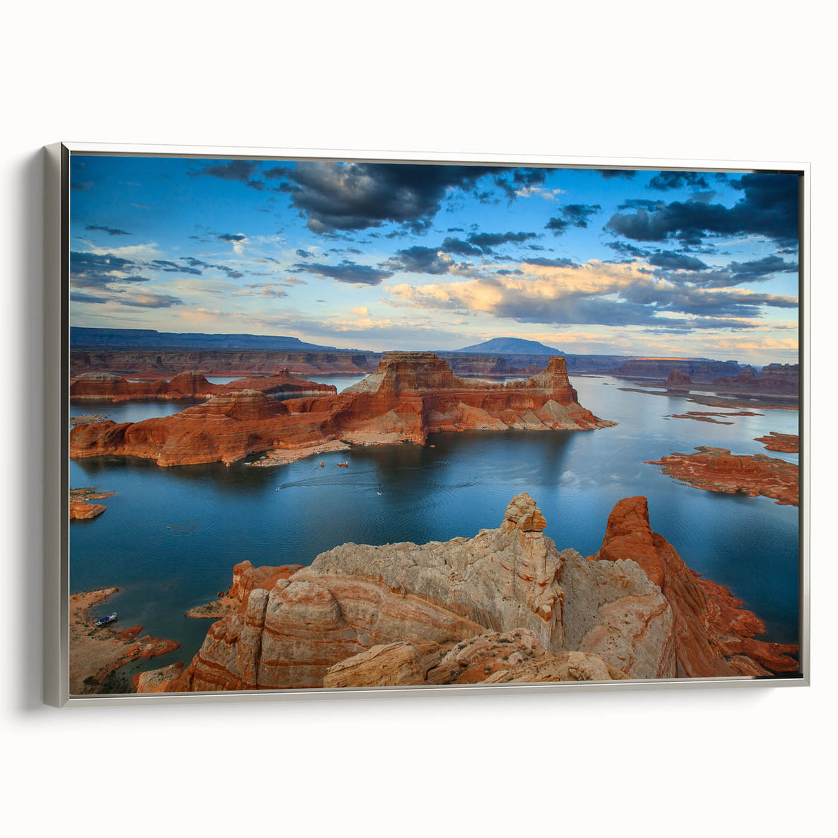 Framed canvas of Lake Powell in Arizona, featuring a colorful landscape with silver frame, ideal for office decor.