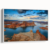 Vintage poster art of Lake Powell, Arizona on a framed canvas, featuring vivid blue and orange tones.