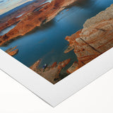 Art deco poster of Lake Powell with muted blues and grays on rolled canvas, suitable for dining room decor.