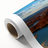 Art deco style poster of Lake Powell with muted blue and tan colors on rolled canvas, ideal for nursery wall art.