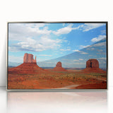 Mid-century modernist art of Monument Valley in muted earth tones on a framed acrylic, suitable for nursery wall decor.