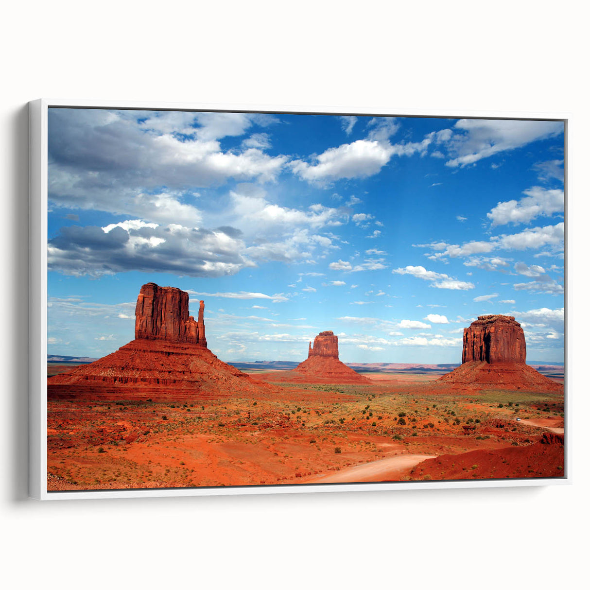 Vintage poster art of Monument Valley in Arizona on a framed canvas, featuring earth tones, ideal for living room decor.
