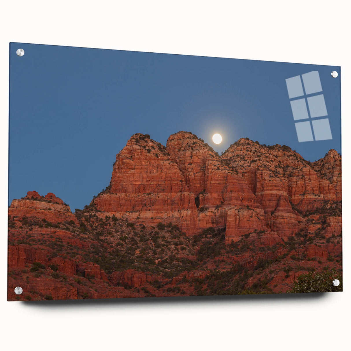 Acrylic print of Sedona landscape in rich red and orange tones, suitable for bedroom or dining room decor.