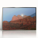 Mid-century modernist art of Sedona's red rock landscape in muted earth tones, framed acrylic, suitable for nursery wall art.