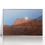 Acrylic print of Sedona, Arizona landscape in white frame, featuring red rock formations and blue skies.