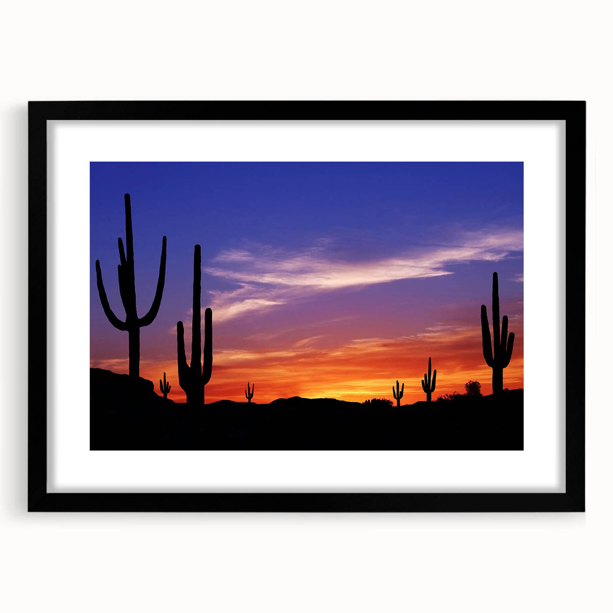 Extra large framed wall art of abstract Sonoran desert scene in vibrant colors on textured canvas.