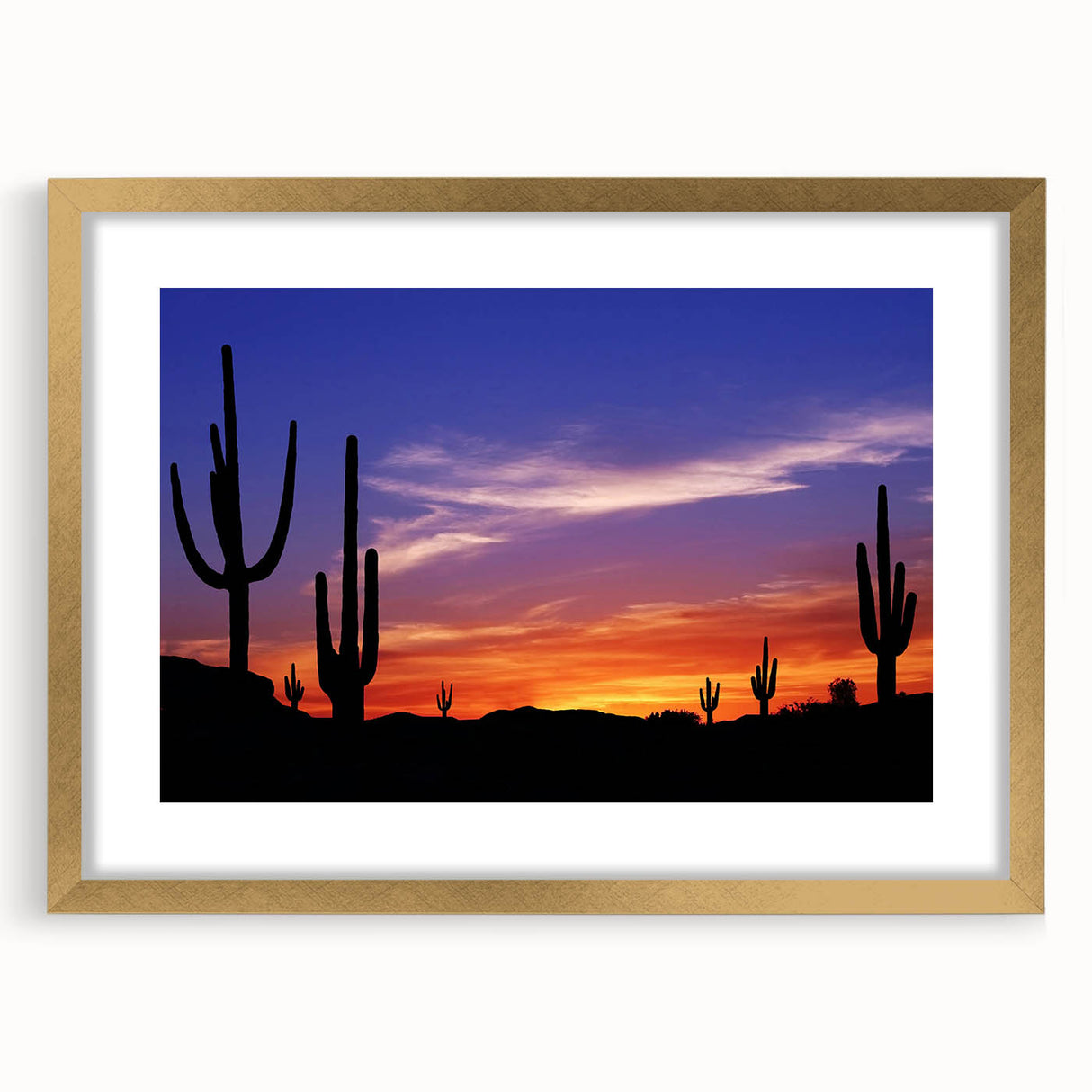 Extra large textured abstract art print of Arizona Sonoran desert in muted earth tones, framed in gold.