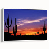 Vintage poster art of the Sonoran Desert on a framed canvas, featuring a colorful palette with black accents.
