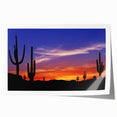 Sonoran Desert landscape with cacti and mountains on a rolled canvas print, using earthy tones.