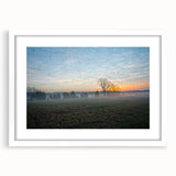 Abstract art print of Arkansas scenery in muted earth tones on a white matted frame.