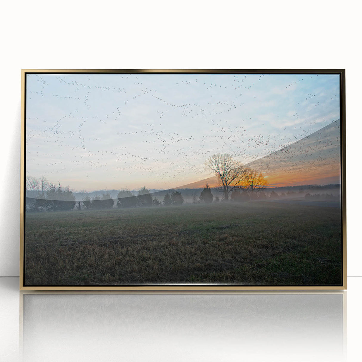 Framed acrylic print of Arkansas scenery in mid-century modernist style with golden hues, ideal for modern art wall decor.