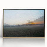 Framed acrylic print of Arkansas scenery in mid-century modernist style with golden hues, ideal for modern art wall decor.