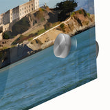 Mid-century modernist style acrylic print of Alcatraz in muted blue tones, ideal for dining room art.