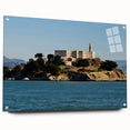 Acrylic print of Alcatraz Island in muted blue and gray tones, ideal for modern bedroom or dining room decor.