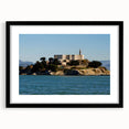 Colorful abstract art print of Alcatraz Island on a textured, extra large canvas, framed in black.
