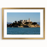 Extra large wall art of abstract Alcatraz scene in textured earth tones, framed with gold mat, ideal for living room decor.