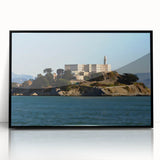 Large abstract wall art of Alcatraz in muted gray tones, framed in black acrylic, suitable for modern art wall decor.