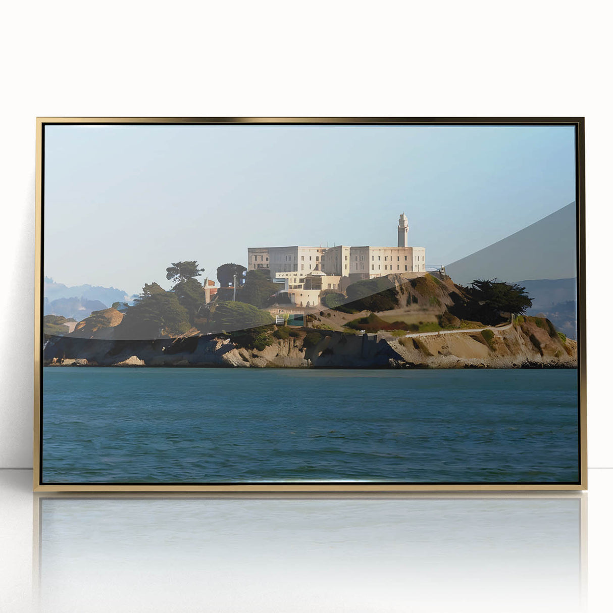 Framed acrylic print of Alcatraz Island in muted gold and gray, ideal for modern art wall decor.