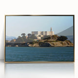 Framed acrylic print of Alcatraz Island in muted gold and gray, ideal for modern art wall decor.