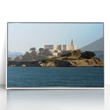 Art deco poster of Alcatraz in muted gray, acrylic print framed in white, suitable for modern art wall decor.