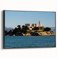 Black and white framed canvas of Alcatraz Island, ideal for bedroom wall decor, featuring vintage poster art style.