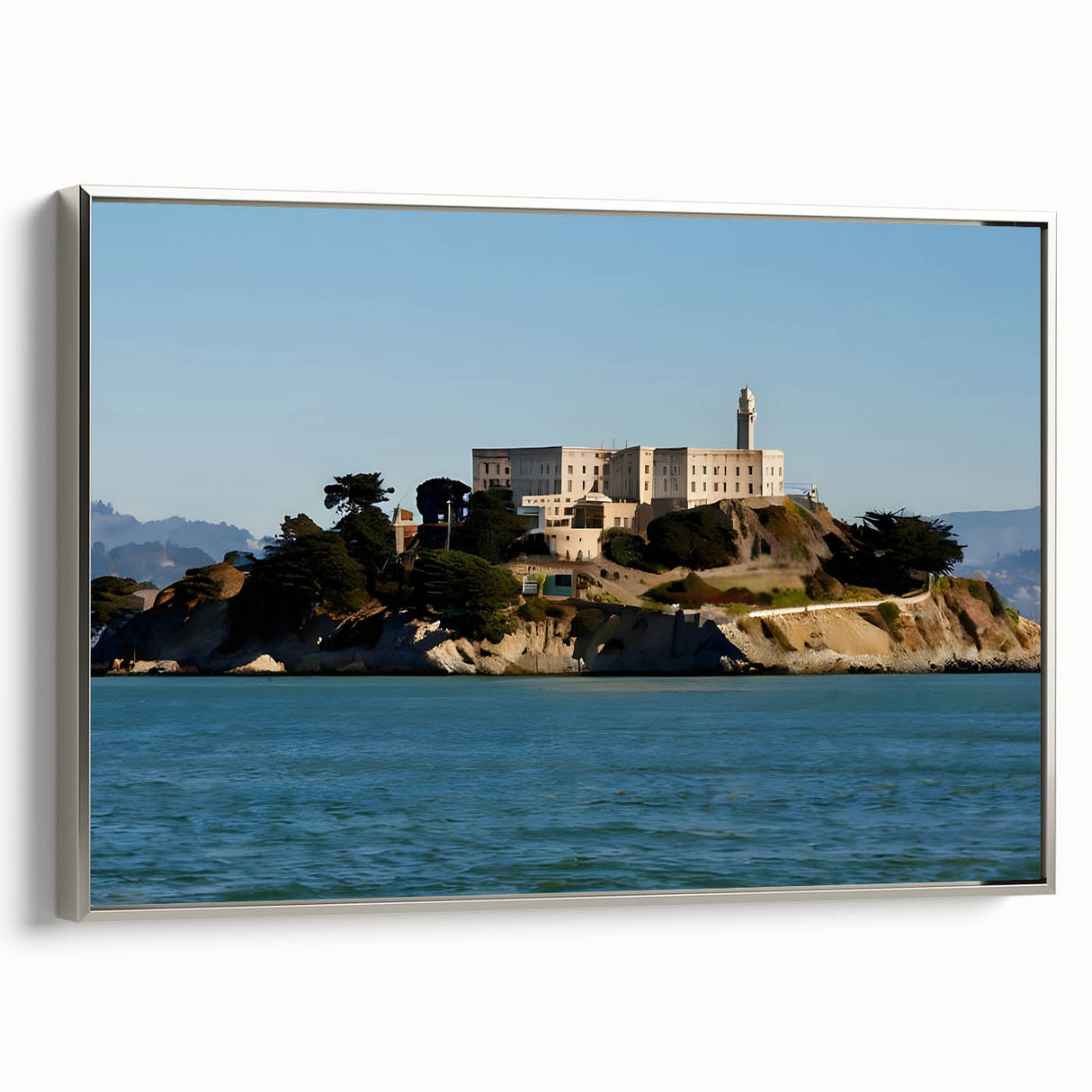 Landscape art painting of Alcatraz Island in vibrant colors on a framed canvas, ideal for office decor.